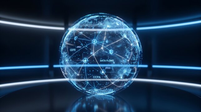 Futuristic glowing digital globe with interconnected data nodes and lines, symbolizing global network and technology in a dark, modern, neon-lit environment, abstract concept