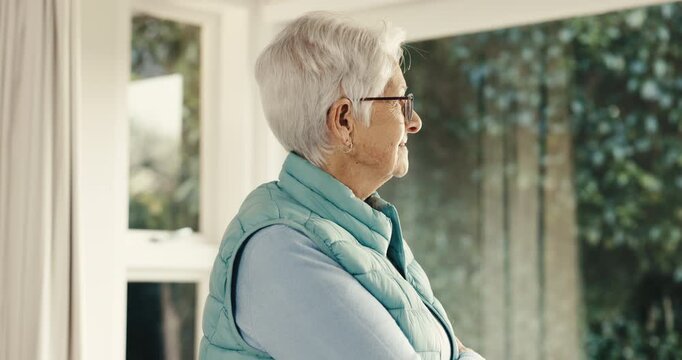 Thinking, relax and old woman at window with inspiration, daydreaming and nostalgia in calm mindset. Retirement, reflection and senior person with memory, flashback and peaceful perspective in home.
