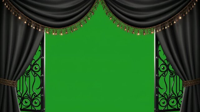 A theatrical stage opening framed by ornate black curtains and wrought iron gates against a green screen.