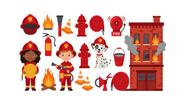Cute cartoon firefighter and rescue equipment vector illustration set . Collection featuring children firefighters, dalmatian dog, fire hydrant, and burning building .