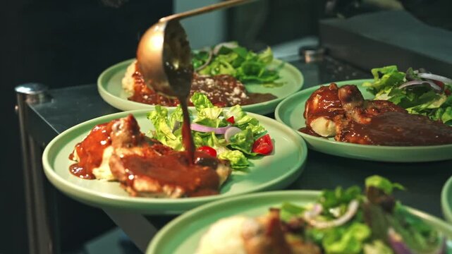 Medium tracking shot showing a kitchen line where a chef ladles hot sauce and garnishes grated cheese over multiple round plates of grilled chicken chops.