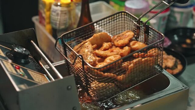 Medium close-up tracking shot of a chef using metal tongs and a wire basket to lift freshly fried, crispy golden-brown battered fillets out of hot bubbling oil in a commercial fryer.