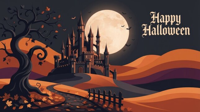 A spooky haunted castle landscape under a full moon for a festive and dark happy halloween celebration background