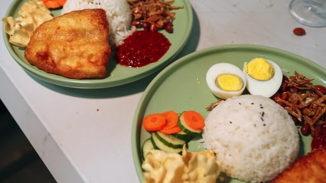 Nasi Lemak plates featuring coconut rice topped with black sesame seeds, crispy piece of fried chicken, red sambal chili, hard-boiled eggs, fried anchovies, peanuts, cucumber, carrots, and crackers.