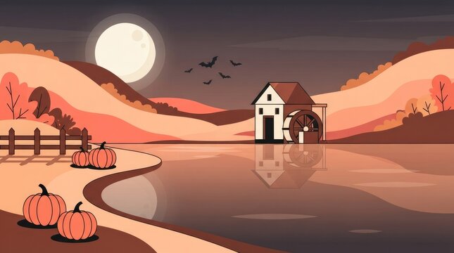 Spooky halloween landscape featuring a haunted house by a calm lake under a bright full moon at night