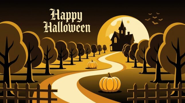 Spooky halloween background featuring a haunted mansion silhouette under a full moon with a winding path and pumpkin