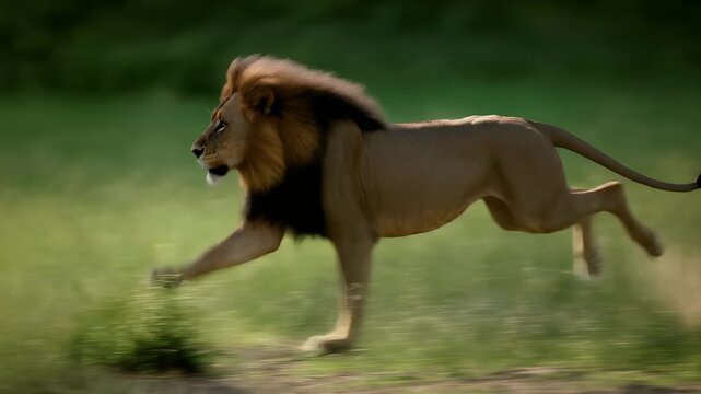 A male lion in full stride across a grassy savanna.