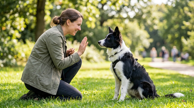 Effective dog training scene with young Border Collie on green park grass. Focused dog training includes positive reinforcement techniques, owner guidance, and obedience practice.