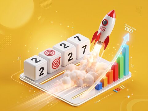 Business Growth Concept with Rocket Launching Over 2027 Year Blocks and Rising Financial Bar Chart on Yellow Background