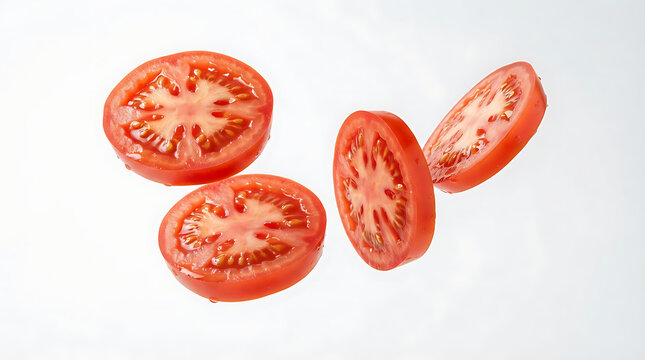 Fresh red tomato slices floating in mid-air isolated on a clean white background