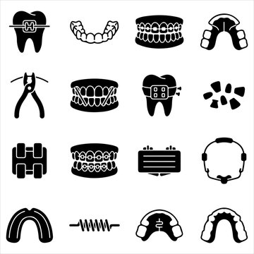 Set of dental braces and orthodontic icons with orthodontics orthodontic treatment dentistry alignment brackets equipment stomatology orthodontist correction appliance dentition collection