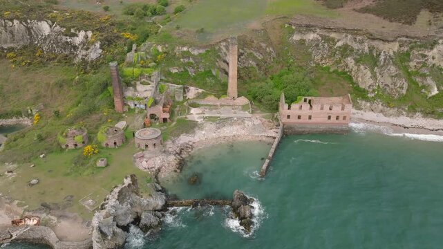 Porth Wen Brickworks, Anglesey, Wales. Altitude view showing derelict site against the bay.