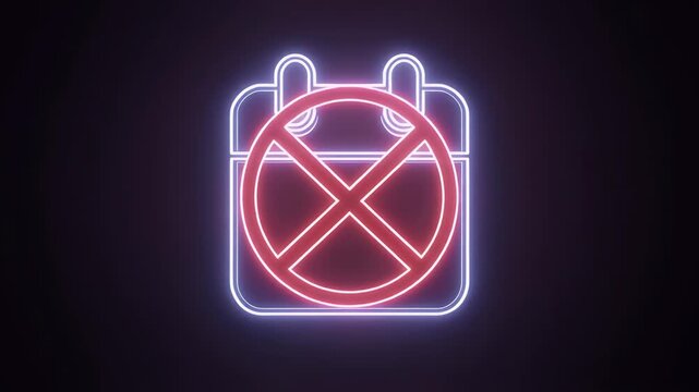 A neon calendar icon with a red prohibition symbol.