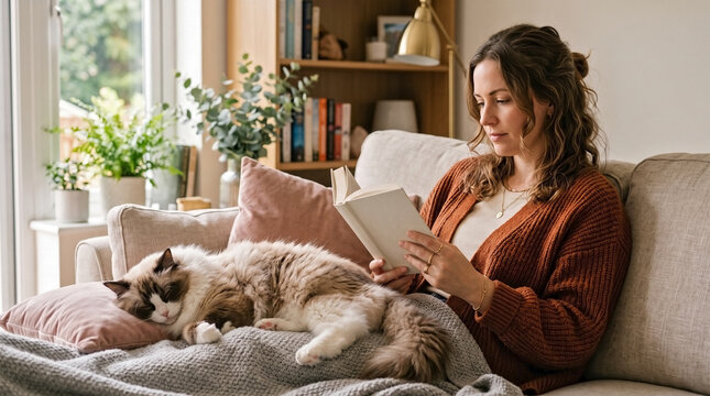 Young woman enjoys reading at home on comfortable couch with pet. Cozy reading at home scene while Scottish Fold cat curls up on lap in warm room. Gentle reading at home concept for relaxed lifestyle.