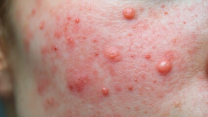 Fototapeta premium Close up view of human skin showing severe acne inflammation and red pimples on a person face