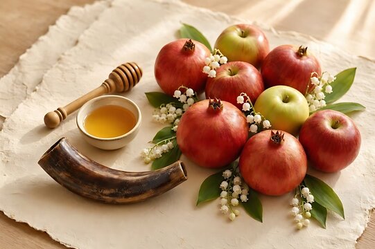 Rosh Hashanah Festive Table Arrangement with Ram Horn Shofar and Fruits