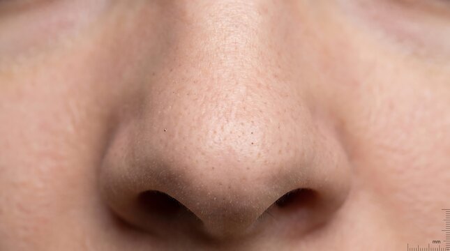 Close up view of a human nose showing whiteheads blackheads  