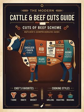 Infographic chart of cattle and beef cuts for butchery