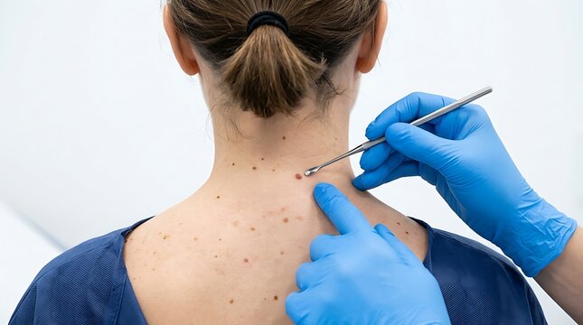Dermatologist examining a mole on a patient neck during a professional skin cancer screening appointment