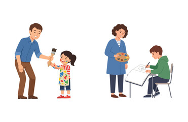 A vector illustration set of parents teaching their children painting and drawing skills in a creative studio
