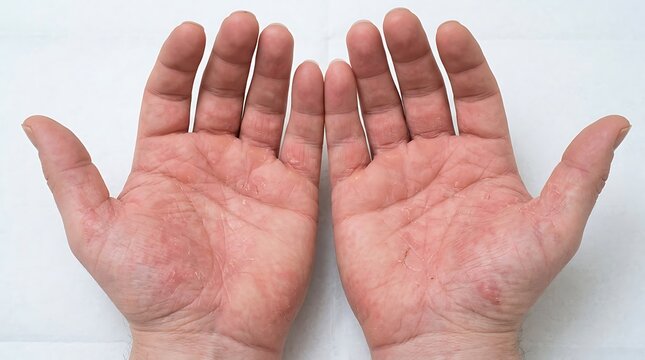 Close up of two open human palms showing skin texture and lines against a plain white background