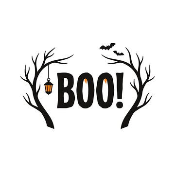 Halloween decoration with spooky tree branches bats and boo text on a white background