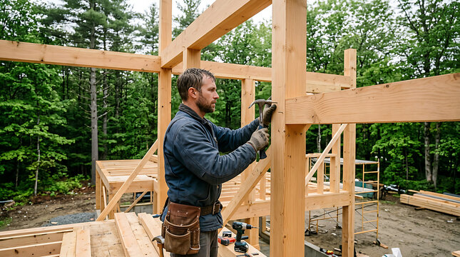 Carpenter building wooden frame structure outdoors.