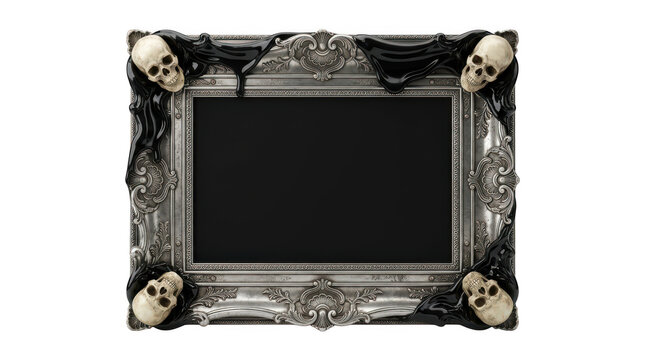 Gothic ornate picture frame decorated with four human skulls isolated on transparent background