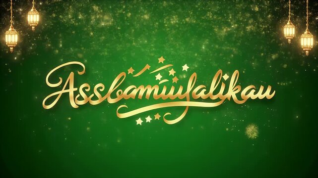 Golden Arabic calligraphy on a festive green background with sparkling lights.