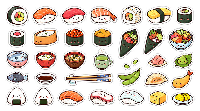 Sushi kawaii stickers featuring various types and cute food illustrations in a playful design kawali sticker