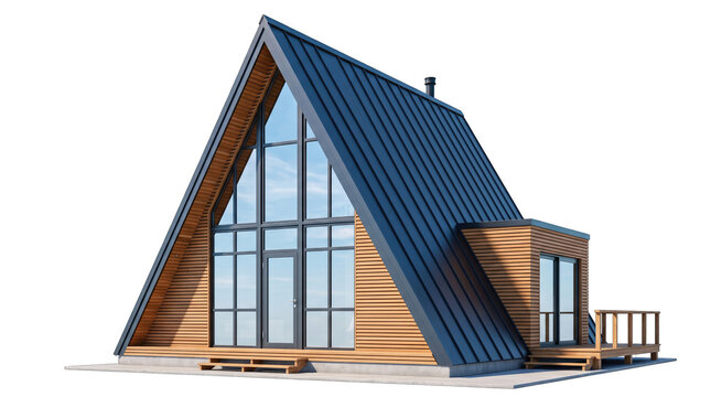 A-Frame Cabin House with Blue Metal Roof and Wood Exterior PNG Isolated on a transparent background