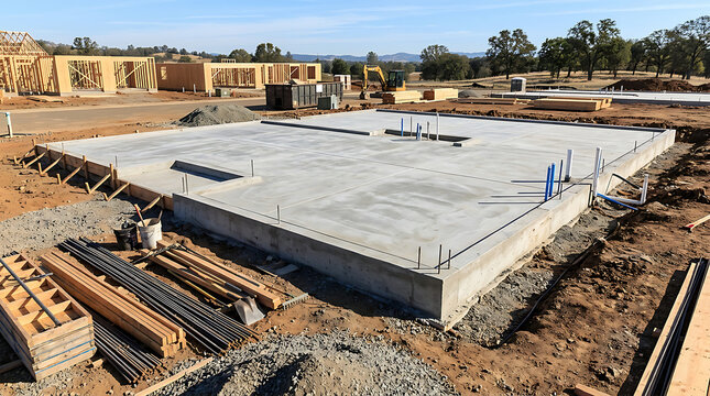 Concrete foundation slab under construction at building site 1.