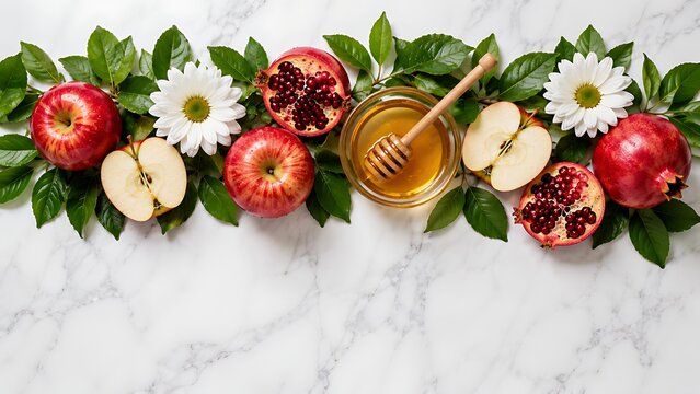 Rosh Hashanah Food Frame on Marble Background with Apples and Flowers