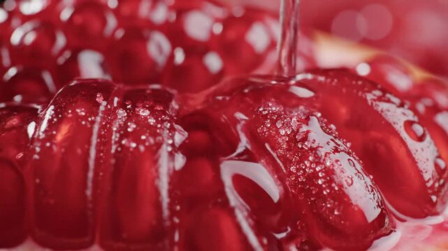 Close-up of vibrant pomegranate arils with sugar and pouring liquid