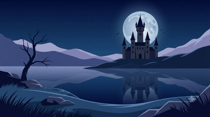 A flat vector illustration of a mysterious medieval castle silhouette situated by a lake under a large glowing full moon in a dark night landscape. © KHOKAN