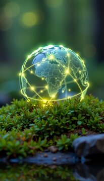 Glowing digital wireframe globe resting on green moss in nature with glowing network lines and copy space