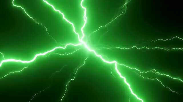Vibrant green lightning strikes illuminate a dark sky.