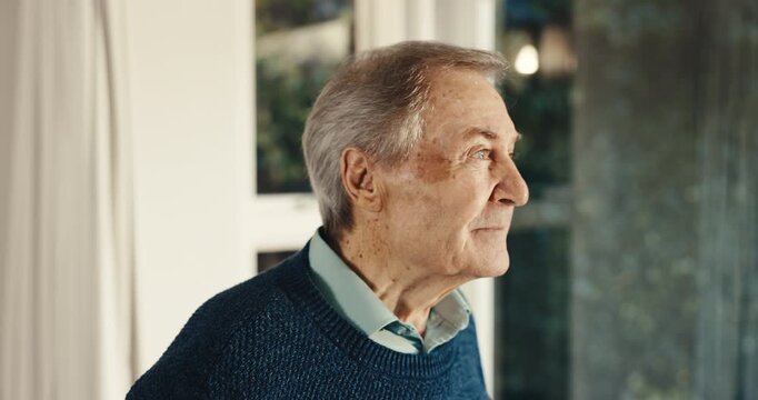 Thinking, smile and old man at window with insight, daydreaming and nostalgia in calm mindset. Retirement, reflection or elderly person with memory, happy flashback or peaceful perspective in home.