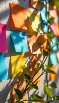 Close up of colorful post it notes on wall with green plant leaves in warm sunlight