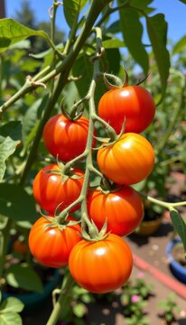 Fresh ripe tomatoes cluster hanging on green plant branch in sunny garden