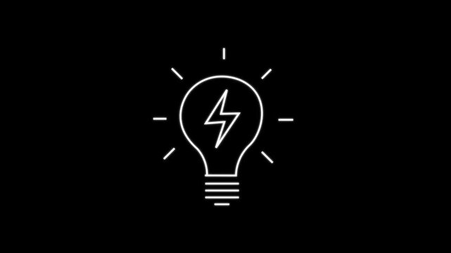 Neon light bulb with lightning bolt icon animated. alpha channel 