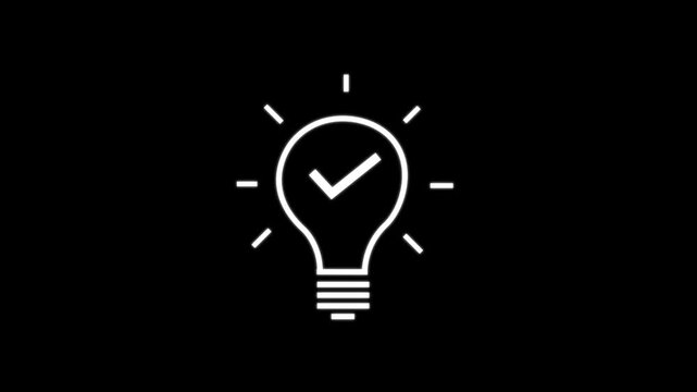 A light bulb with a check mark symbolizing a good idea, a job done. Animated light bulb with check mark symbol representing validated ideas and innovation. 4k 