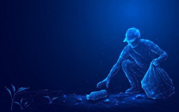Digital visualization of a person collecting plastic waste from the ground.world ozone day with collecting pollution environment particles responsibility.world ozone day