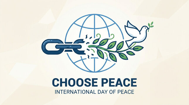 Peace logo design, dove with olive branch, broken chain, world globe, International Day of Peace concept, harmony, freedom and unity symbol, modern vector icon, navy blue and green illustration.