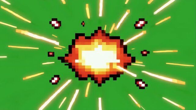 A pixelated explosion effect on a green screen.