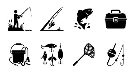 Fishing Icons Set, Fisherman, Rod, Fish, Tackle Box, Bucket, Lures, Net, Bobber, Vector Graphics © hawladerr