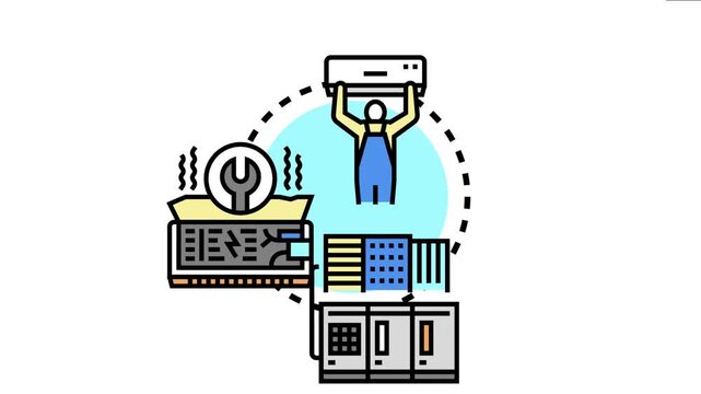 Illustrating air conditioning system concepts, an hvac technician installing an indoor unit, with outdoor condenser units and repair tools symbolizing climate control and home ventilation service