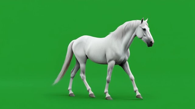 A majestic white horse walks across a green screen background.