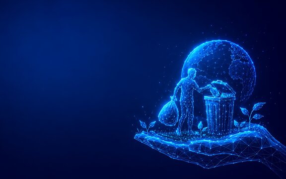 Conceptual digital hand holding a miniature earth globe with a person recycling waste.world ozone day recycling environment sustainability particles protection.world ozone day