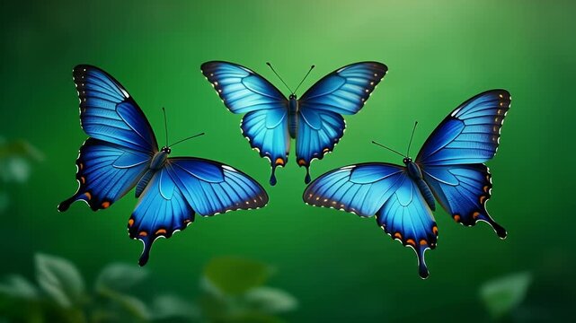 Three vibrant blue butterflies flutter against a soft green background.